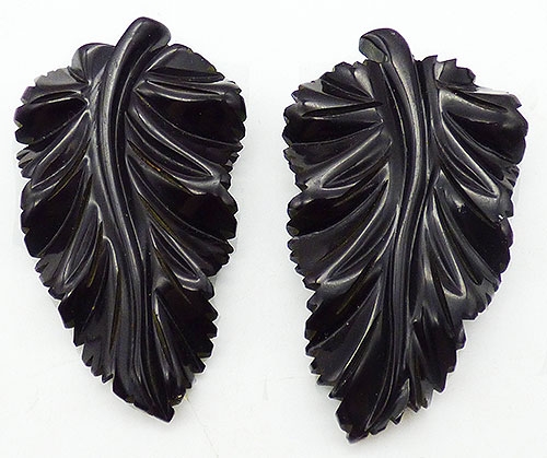 Bakelite, Celluloid, Galalith - Black Bakelite Carved Leaves Dress Clips