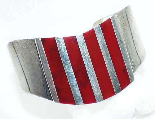 Bracelets - Inlaid Red Jasper Stripes Silver Bracelet 