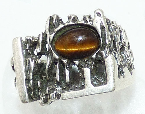 Mid-Century Modern - Israeli Sterling Tiger Eye Brutalist Ring