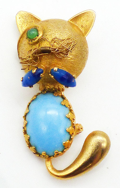 Newly Added Italian Turquoise Glass Belly Cat Brooch