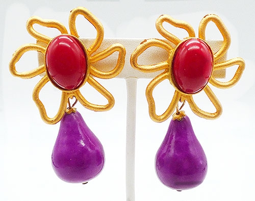Over-the-Top '80's - Gold Wire Flower Purple Drop Earrings