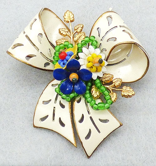 Brooches - Enamel Bow with Floral Boquet Brooch