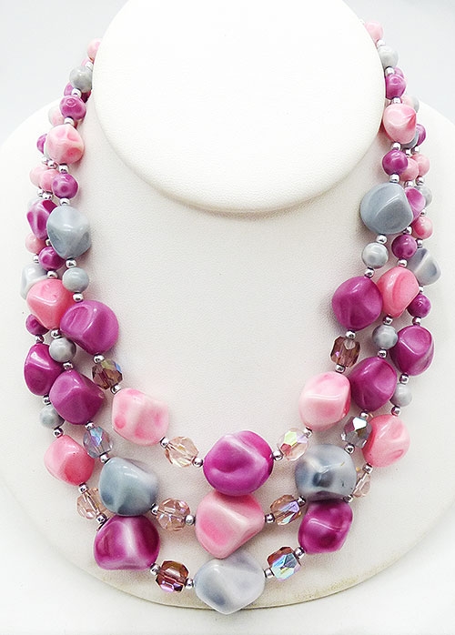 Necklaces - Japan Pink Violet Gray Glass Beads Necklace