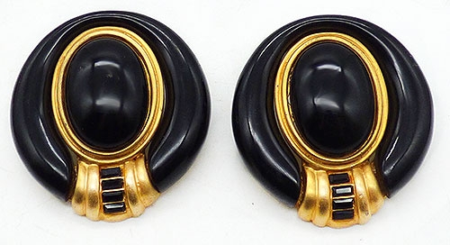 Trend Fall Winter: Chunky and Statement Earrings - Black Glass Cabochon Gold Tone Earrings