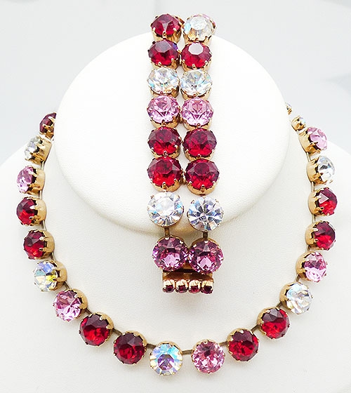 Sets & Parures - Fenichel Red Pink Clear Rhinestone Necklace