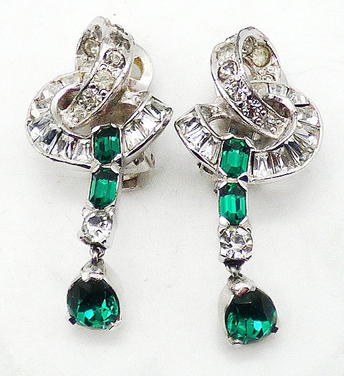 Bridal Wedding Bling - Mazer Emerald and Clear Rhinestone Ribbon Earrings
