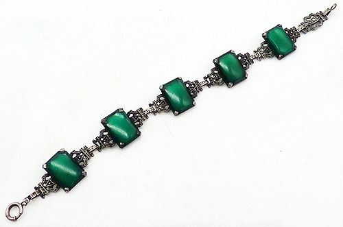 Sterling Silver - Art Deco Sterling Green Glass Bracelet