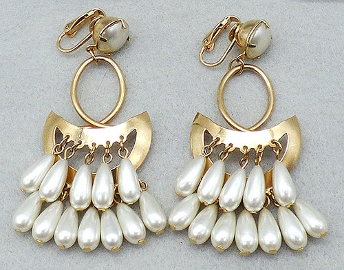 Pearls - Tiered Pearl Drops Gold Tone Chandelier Earrings