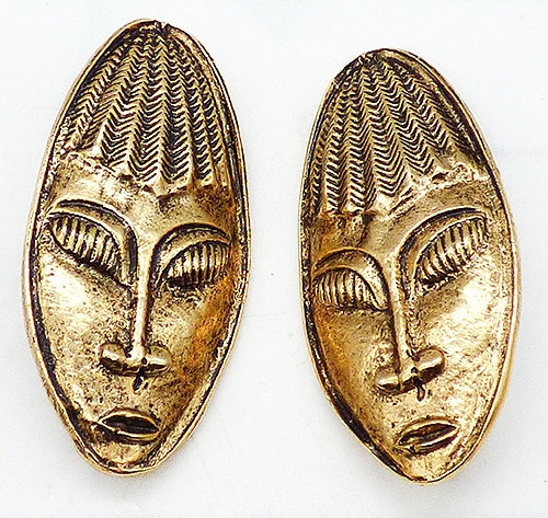 Figural Jewelry - People & Hands - Gold Plated Tribal Mask Earrings