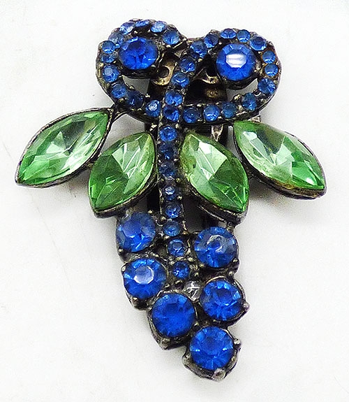 Dress & Fur Clips - Blue Rhinestone Foral Motif Dress Clip