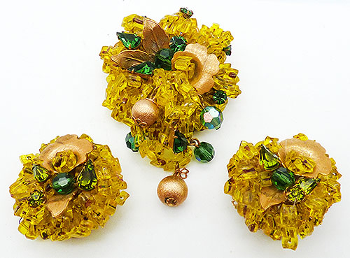 Newly Added Eugene Vaseline Yellow Glass Beads Brooch Set