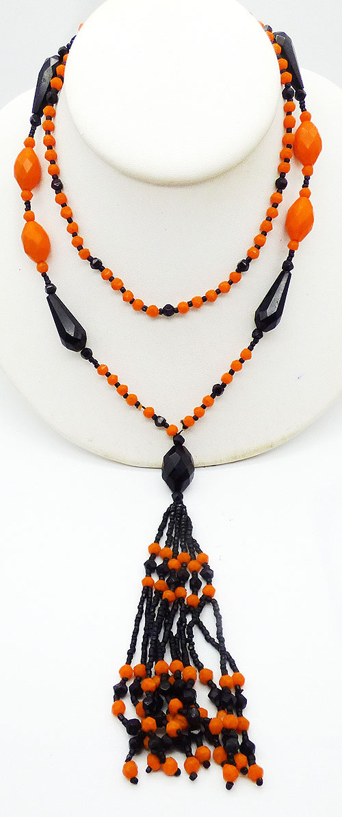 Art Deco - Art Deco Orange and Black Bead Tassel Necklace