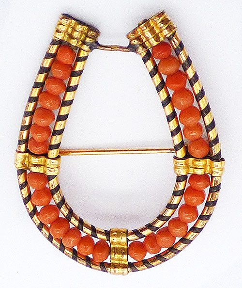 Newly Added Gilded Coral Bead Horseshoe Brooch