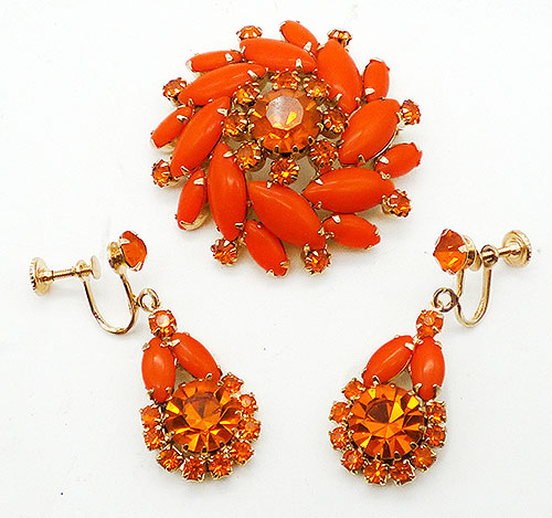 Newly Added Orange Glass Navette Rhinestone Brooch Set