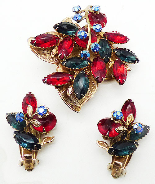 Newly Added Red and Blue Navette Leaf Brooch Set
