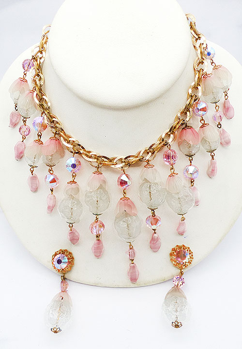 Newly Added Hobé Clear and Pink Bead Bib Necklace Set