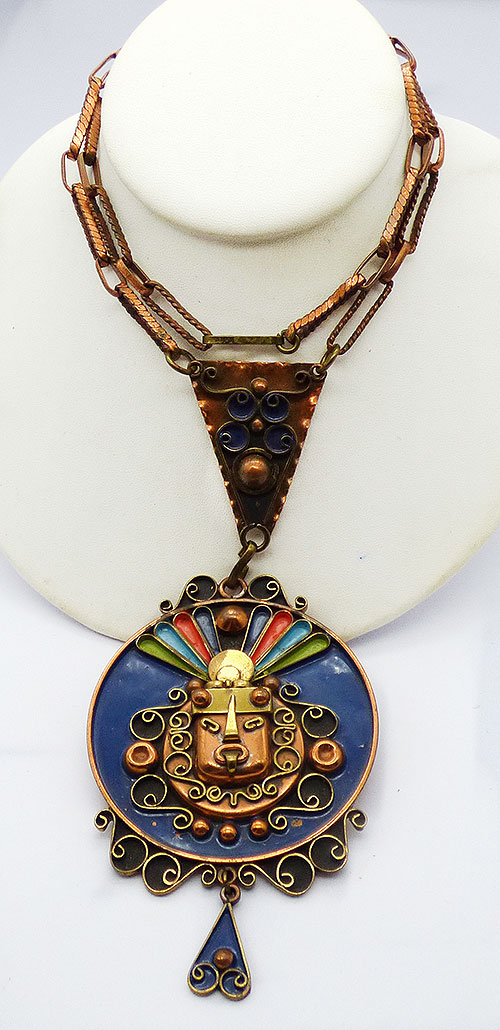 Newly Added Mexico Blue Enamel Copper Mask Necklace
